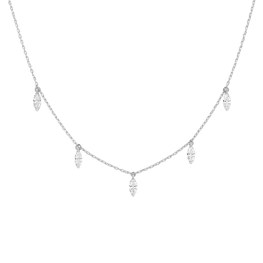 Delicate silver necklace with small diamonds on a white background