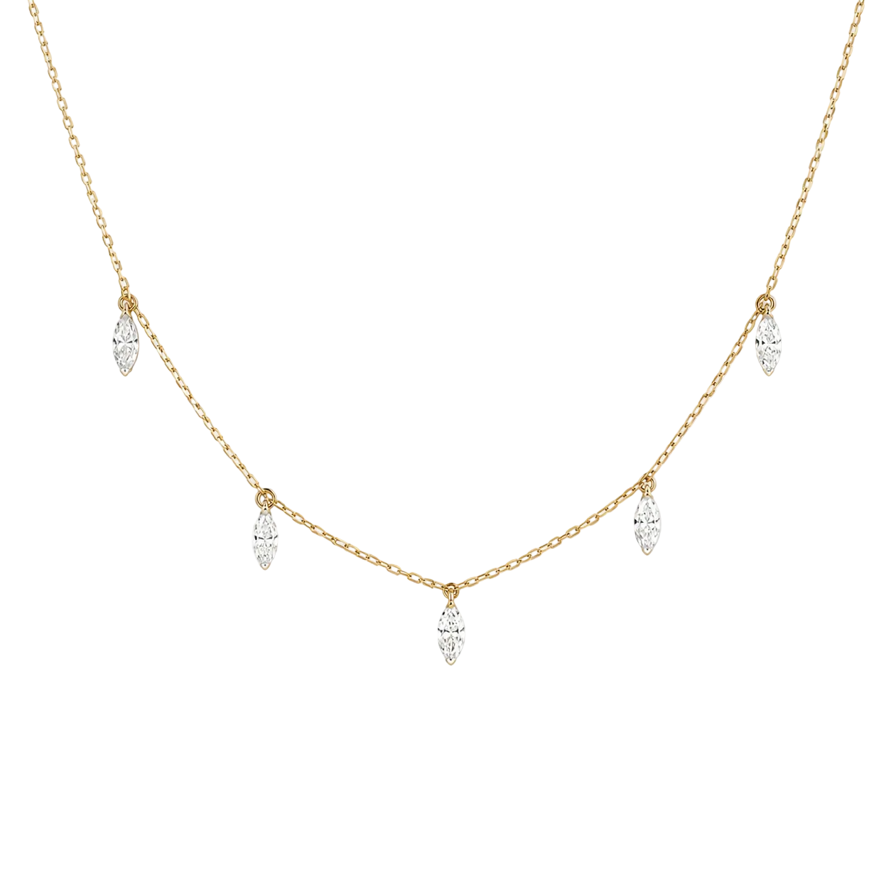 Gold necklace with diamond pendants on a white background
