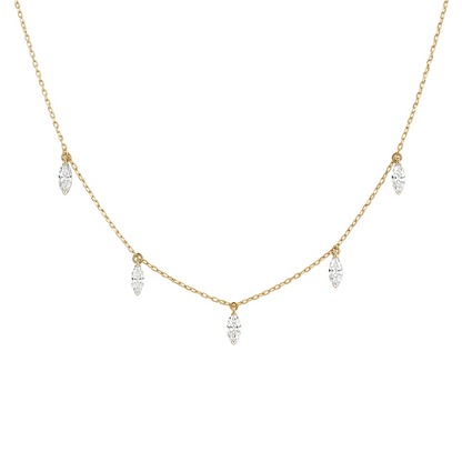 Gold necklace with diamond pendants on a white background