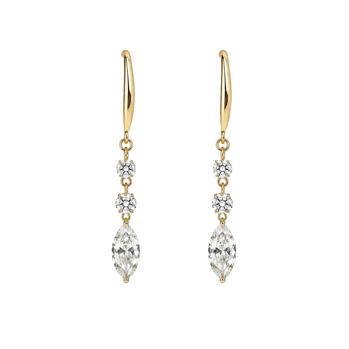 Marquise diamond drop earrings in solid 14K yellow gold with lab-grown diamonds.